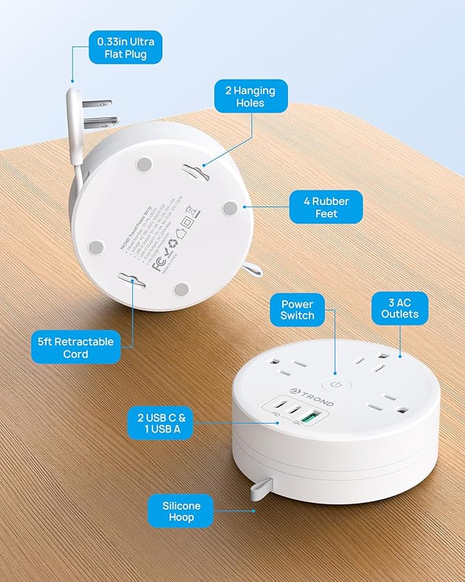 TROND 20W USB C Travel Power Strip - Retractable Extension Cord 5ft Ultra Thin Flat Plug, Power Strip with 3 AC Outlets and USB C Fast Charging, Cruise Ship Essentials, for Home Hotel Dorm Room, White