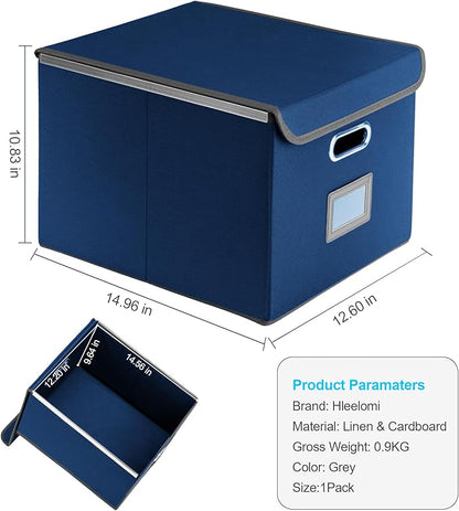 File Organizer Box with Lid, Collapsible File Folder with Plastic Slide for Office/Decor/Home, Hanging Office Document Storage, 14.9 6x 12.6 x 10.83 inch，1 pack - without folders,Blue