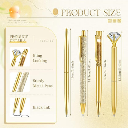 Sabary 8 Pcs Ballpoint Pens with Pen Holder for Desk Glitter Crystal Diamond Fancy Pencil Holder Bling Desk Organizer Cute Stationery Supplies for Women Girls Wedding Office School Gifts(Gold)