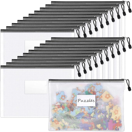 Sooez 20 Pack Mesh Zipper Pouch with Label Pocket, Plastic Zip File Folders, Letter Size A4 Zipper Document Bag for School Office Supplies, Black