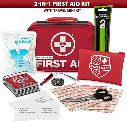 Swiss Safe 2-in-1 First Aid Kit for Car, Travel & Home, Businesses - Bonus Mini Kit for Medical Emergency Aid, Survival, Camping - FSA & HSA Eligible - 120+32 Pcs, Small+Travel FAK