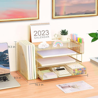 Desk Organizers and Accessories, Desk Accessories & Workspace Organizers for Office Supplies, File Organizer Desk Drawer Organizer with 2 Pen Holders, 4 Tier Paper Organizer for Desk (Gold)