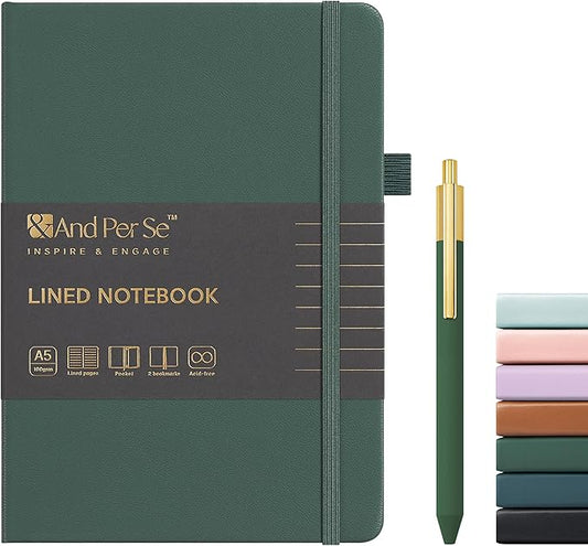 A5 Lined Leather Journal and Pen Set, Hardcover Notebook with Pen, 160 Pages 100gsm Thick Ruled Paper for Men Women, for Work, Business, School or Home Writing, 5.7'' x 8'' (Green-Set1)