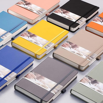 EMSHOI Dotted Notebook - 256 Pages A5 Dot Grid Journal Bullet Notebook with 120gsm Thick Dotted Paper,16 Perforated Pages, Hardcover Leather, Pen Holder, Inner Pocket, 5.75'' × 8.38''-Khaki