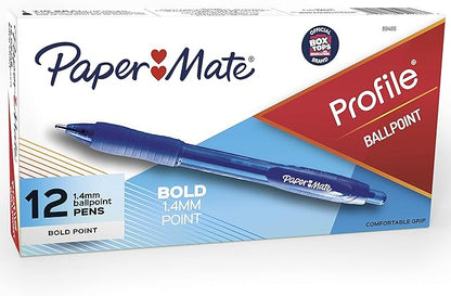 Paper Mate Profile Retractable Ballpoint Pens, Bold Point (1.4mm), Blue, 12 Count