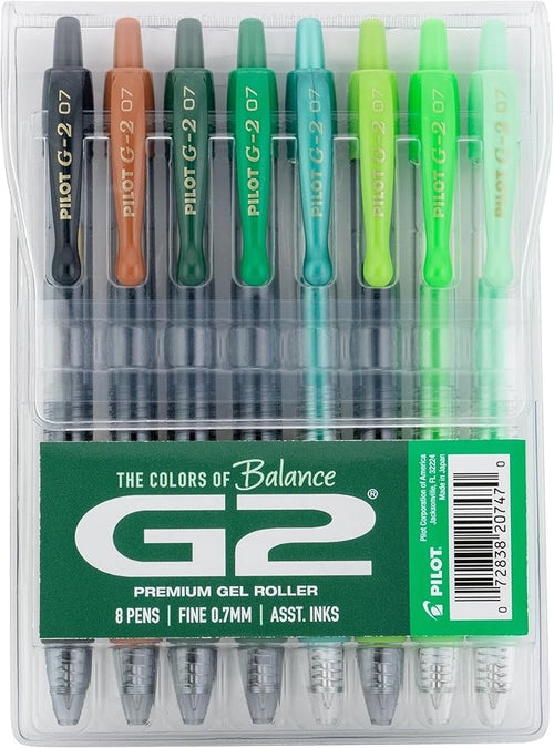 PILOT, G2 Premium Gel Roller Pens, G2 Boost Greens Pack, The Colors of Balance, 8 Pack Pouch, Fine Point 0.7 mm, Assorted