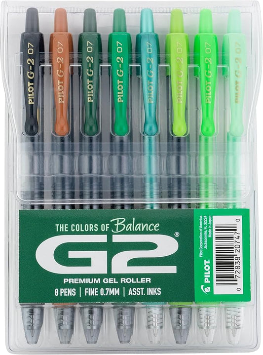 PILOT, G2 Premium Gel Roller Pens, G2 Boost Greens Pack, The Colors of Balance, 8 Pack Pouch, Fine Point 0.7 mm, Assorted
