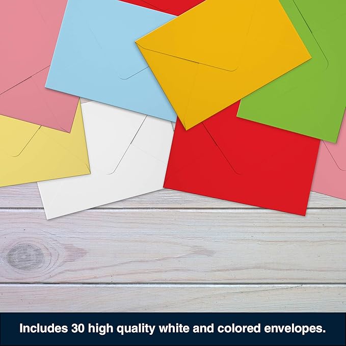 Dessie 30 Fun Thinking of You Cards With Envelopes. 30 4x6 Inch Note Cards With Envelopes Set - Blank Inside. 6 Unique Designs. Assorted Color Envelopes and Gold Seals. Sturdy Storage Box