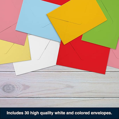 Dessie 30 Fun Thinking of You Cards With Envelopes. 30 4x6 Inch Note Cards With Envelopes Set - Blank Inside. 6 Unique Designs. Assorted Color Envelopes and Gold Seals. Sturdy Storage Box
