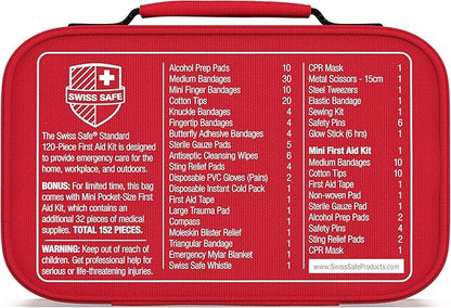 Swiss Safe 2-in-1 First Aid Kit for Car, Travel & Home, Businesses - Bonus Mini Kit for Medical Emergency Aid, Survival, Camping - FSA & HSA Eligible - 120+32 Pcs, Small+Travel FAK