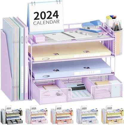 Paper Clip Holders Desk Organizers and Accessories,4-Tie Leter Tray Organizer with 2 Pen File Holder,Desk Drawer,Ofice Accesorie for Office Supplies,Purple