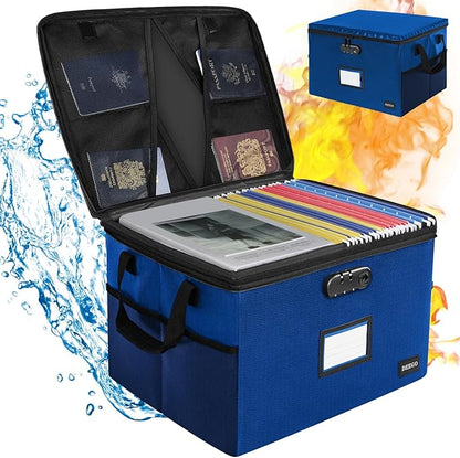 DEEGO Fireproof Document Box, Water-Resistant File Organizer Box with Lock, Portable File Box with Handle Document Safe Collapsible File Cabinets for Home Office for Hanging Letter/Legal Folder, Blue