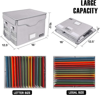 DocSafe File Box Fireproof Document Box with Lock, File Storage Organizer Box with Pockets,Collapsible Portable File Box Home Office File Cabinet with Handle for Hanging Letter/Legal Folder,Silver