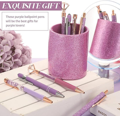 Sabary 8 Pcs Ballpoint Pens with Pen Holder for Desk Glitter Crystal Diamond Fancy Pencil Holder Bling Desk Organizer Cute Office Supplies for Women Girls Valentines Birthday Gifts(Purple)