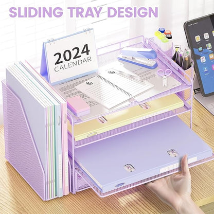 Paper Clip Holders Desk Organizers and Accessories,4-Tie Leter Tray Organizer with 2 Pen File Holder,Desk Drawer,Ofice Accesorie for Office Supplies,Purple