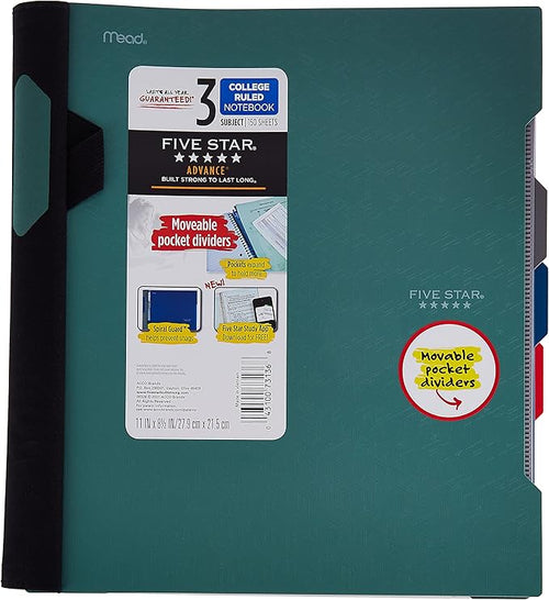 Five Star Advance Spiral Notebook + Study App, 3 Subject, College Ruled Paper, 11" x 8-1/2", 150 Sheets, With Spiral Guard and Movable Dividers, Seaglass Green, 1 Count (73136)