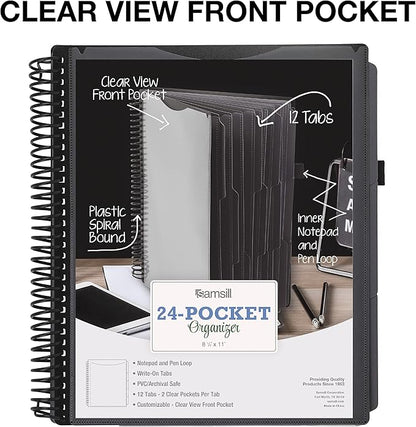 Samsill Deluxe 24 Pocket Spiral Project Organizer with Refillable Notepad Holder, Customizable Front Cover, 12 Dividers with Erasable Write-On Tabs in Gray, Plastic Folders with Pockets