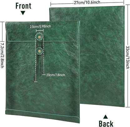 Green A4 PU Leather File Folders for Documents,Important Private File Organizer with String Tie Closure,Laptop Sleeve Notebook Case,Leather Portfolio Binder Envelopes, Filing Folder