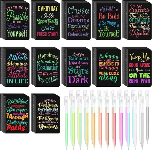 48 Pcs Mini Inspirational Notebooks Bulk with 48 Pcs Colorful Pens, Small Pocket Journal Notepads Set, Motivational Bulk Gifts for Women Men Teacher Student Kids, Fun School Office Supplies,3.5"x5.5"