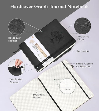 Graph Paper Notebook Journal, 360 Numbered Pages Grid Notebooks, Thick 100gsm Graphing Paper Journals for Writing Women Men, A5 Large Hardcover Leather Graph Notebook 5.75'' × 8.38'' Black