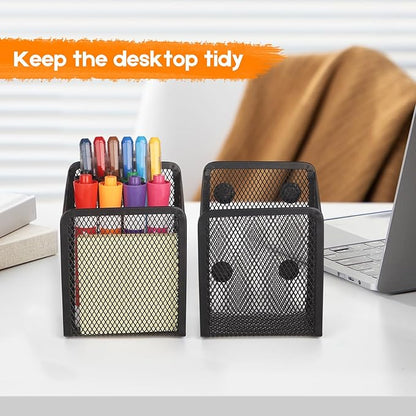 Magnetic Pencil Holder - Extra Strong Magnets Mesh Marker Holder Perfect for Whiteboard, Refrigerator and Locker Accessories (1 Basket, 2 Packs Black)