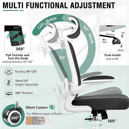 Office Chair, Ergonomic Office Chair with 3D Lumbar Support 3D Headrest, Comfy High Back Home Desk Chairs, Breathable Mesh Computer Chairs with Flip-Up Armrests & Hanger(White)