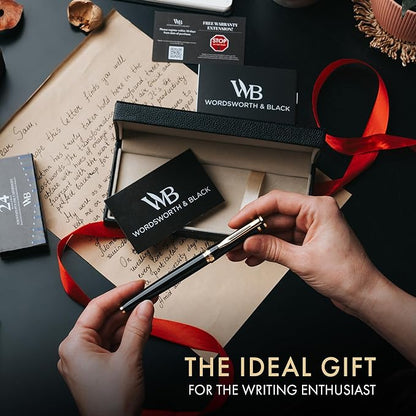 Wordsworth & Black Extra Fine Nib Fountain Pen Set Includes 24 Ink Cartridges and Piston Converter, Gift Box, Journal, Calligraphy, Gold Black