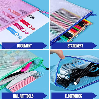 LEOBRO 20PCS Mesh Zipper Pouch, A4 Letter Size Mesh Bags with Zipper, Document Bags, Plastic Envelopes Zip File Folders, Storage Bags for Organization, Travel, File Jackets & File Pockets