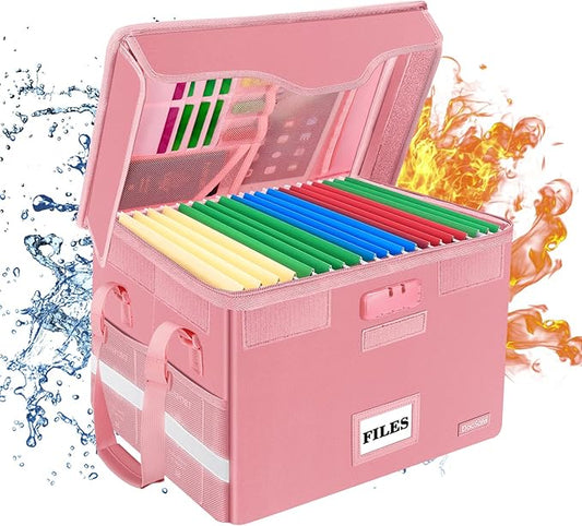 DocSafe File Box Fireproof Document Box with Lock,File Storage Organizer Box with Insert Pockets,Collapsible Portable File Box Home Office File Cabinet with Handle for Hanging Letter/Legal Folder,Pink