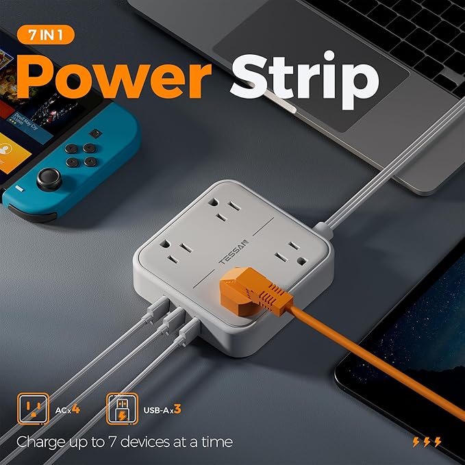 Surge Protector Power Strip, TESSAN 10 FT Extension Cord with 3 USB A Wall Charger, Ultra Thin Flat Plug with 4 Outlets, Slim Desktop Charging Station for Office, School, Home, Dorm Room Essentials