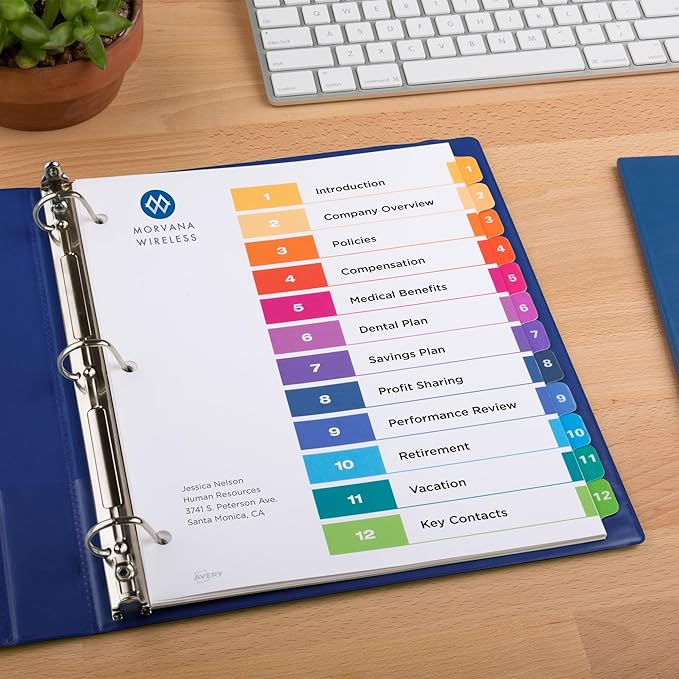 Avery 12 Tab Dividers for 3 Ring Binders, Customizable Table of Contents, Multicolor Tabs, 6 Sets (11196)