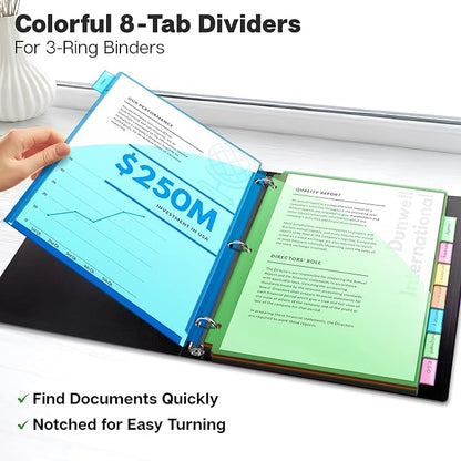 Dunwell 2-Pocket 8-Tab Divider Pockets, (3 Sets, 24 Count), 5 Colors, Plastic 8 Subject Notebook Tab Dividers for 3-Ring Binders, Includes Label Inserts, Durable Acid-Free Poly