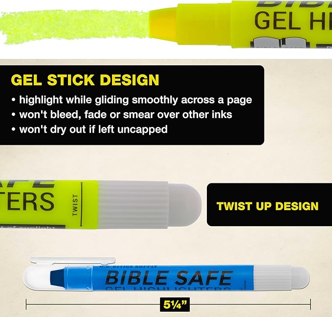 U.S. Office Supply Bible Safe Gel Highlighters, 6 Pack Set - 6 Different Bright Neon Fluorescent Highlight Colors Yellow, Orange, Pink, Purple, Green, Blue - Won't Bleed, Fade or Smear - Study Guide