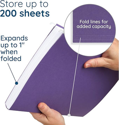 25 Blue Summit Supplies Purple Hanging File Folders - Letter Size, Durable 11pt Paper, Hanging File Folders, Purple, with Plastic Tabs and Inserts Included