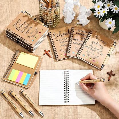 30 Set Spanish Christian Gifts Bulk Religious Notebooks with Bible Verse Pens,Inspirational Spiral Prayer Journal and Pen Set Church Gifts for Women Men Sunday Church Party (Kraft)