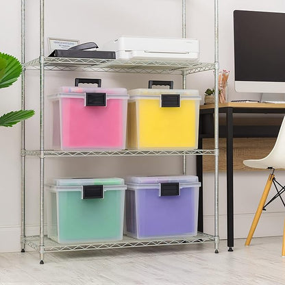 IRIS USA File Box WeatherPro Portable File Organizer Plastic File Box for Letter File w/ Organizer-Lid, Durable Lid and Gasket Seal, Secure Latching Buckles, Stackable, Lockable, Clear 19 Qt. 4 Pack