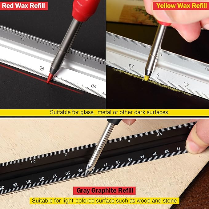 Hiboom 3 Pack Solid Carpenter Pencil with 21 Refill, Long Nosed Deep Hole Mechanical Pencil Marker with Built in Sharpener for Carpenter, Design Patent (Green, Red, Black Cover)