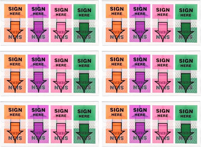 600pcs/6 Packs Sign Here Tabs, Arrow Labels Stickers Sticky Signature Tags Adhesive Message Flags for Documents Notebooks Home Office School Supplies (Orange, Purple)
