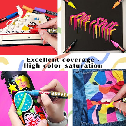 SFAIH Acrylic Creative Markers - 3mm Replaceable Nibs 24 Colors, Large Ink Capacity, Ultra-High Coverage, Non-Bleeding Water-Based Ink, Drawing Markers for Art Supplies, Wood, Fabric, Rock Painting