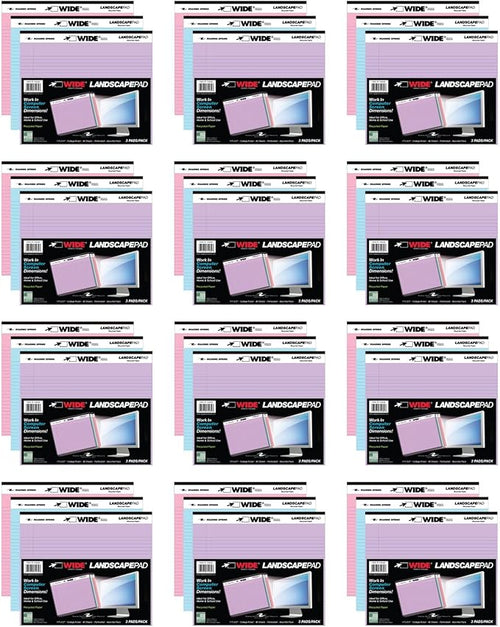 Roaring Spring Case of 12 Packs of 3 Landscape Note Pads, 11"x9.5", 40 sheets 16# Recycled pastel Paper Per Pads, 3 Assorted Colors, College Ruled