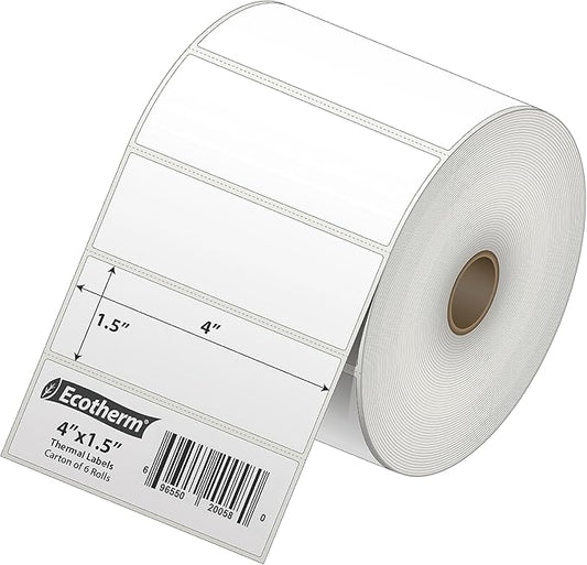 4" x 1.5" Thermal Labels | 6 Rolls | 10800 Labels | fits Zebra, Munbyn, Rollo, Godex, Arkscan, iDPRT, Offnova Thermal Label Printers and More | Blank White Adhesive Stickers by Ecotherm