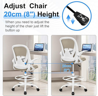 Primy Drafting Chair Tall Office Chair with Flip-up Armrests Executive Ergonomic Computer Standing Desk Chair with Lumbar Support and Adjustable Footrest Ring（Khaki）