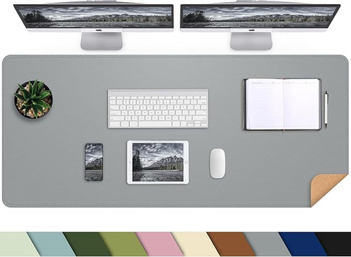 Leather Desk pad Protector,47" x 17" Large Desk mat with Natural Cork & PU Leather,Mouse pad,Non-Slip Office Desk Mat,Waterproof Desk Writing Pad for Office and Home (Light Gray)