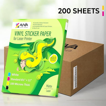 Printable Vinyl Sticker Paper for Laser Printer - Matte White - 200 Self-Adhesive Sheets - Waterproof Decal Paper - Standard Letter Size 8.5"x11"