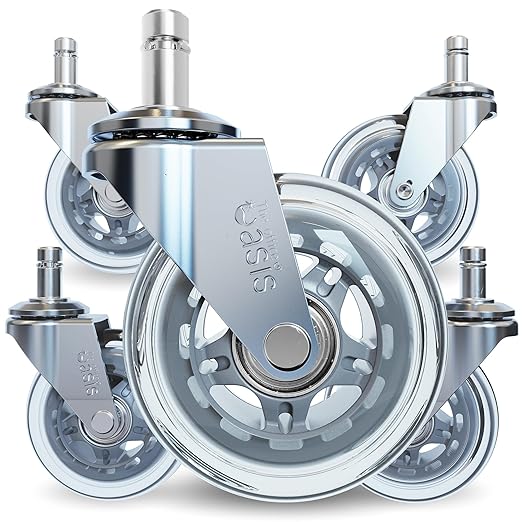 The Office Oasis Original Roller Style Office Chair Wheels (As Seen On PBS) - Smooth & Quiet Casters - Safe for Hardwood Floors & Carpet - Easy Install with Universal Fit - Set of 5 - Silver