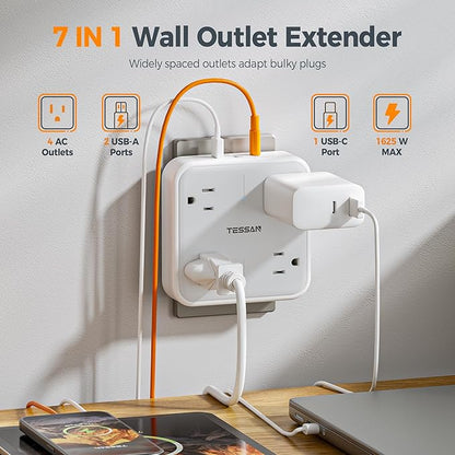 Multi Plug Outlet Extender, TESSAN Surge Protector Splitter with 3 USB (1 USB C Port) Wall Charger, Multiple Expander for Travel, Home, College Dorm Room