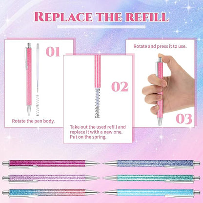 Sherr 7 Pcs Fancy Pens for Women Cute Sparkly Glitter Pens with 10 Pcs Black Ink Refills Pretty Gifts for Girls Office School Christmas Graduation(Pastel,Glitter)