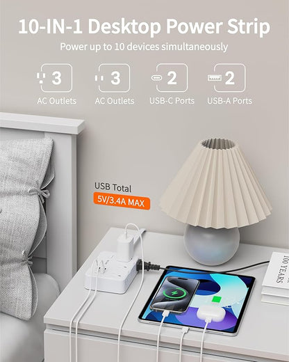 Surge Protector Power Strip with Flat Plug, 3 FT Extension Cord with 6 AC Outlets 4 USB Ports,1050J Surge Protection, Wall Mountable Charging Station for Office, Home, White