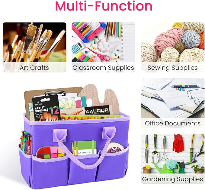 Godery Desktop Tote and Stock Organize, Teacher Helper Tote Bag Organization for Arts, Books, Stationery, etc, and Office Desk Organize, Make-up Storage Tote with Handles for Travel (PURPLE)