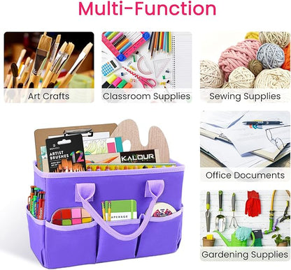 Godery Desktop Tote and Stock Organize, Teacher Helper Tote Bag Organization for Arts, Books, Stationery, etc, and Office Desk Organize, Make-up Storage Tote with Handles for Travel (PURPLE)